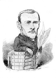 Karikatur von Georges Ohnet (1848-1918), ein französischer Schriftsteller, dargestellt mit seinen Büchern und seinem Stift. Zeichnung von Andre Gill. Gravur in "Le Monde Illustré" von Andre Gill