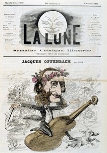 Karikatur von Jacques Offenbach (1819 - 1880), reitend auf einer Geige - von Gill in „La Lune“ vom 04/11/1866