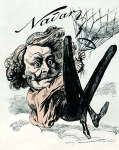 Karikatur von Felix Nadar, Pionier der Luftbildfotografie im Jahr 1858, hier hängend von seinem Ballon (Gravur)