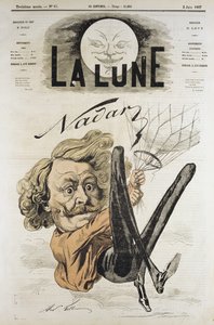 Karikatur von Felix Nadar, Pionier der Luftbildfotografie 1858, hier hängend von seinem Ballon