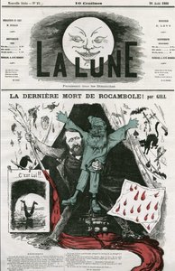 Karikatur von „La dernière mort de Rocamole“ und seinem Autor, Pierre Alexis Ponson du Terrail (1829-1871). Karikatur von Gill, in „La Lune“, 26. August von Andre Gill