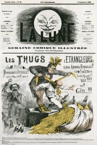 Karikatur der „Thugs“, ein Kult von Fremden, Anbeter von Kali, die von britischen Siedlern ausgerottet wurden. Karikatur von Gill, in „The Moon“, 2. September von Andre Gill