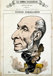 Humoristische Zeichnung über Victor Schoelcher und die Abschaffung der Sklaverei - von Gill, in „Die Männer von heute“ von Andre Gill