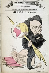 Jules Verne kneift die Erde an seinen Stift - von Gill, in „Die Männer von heute“