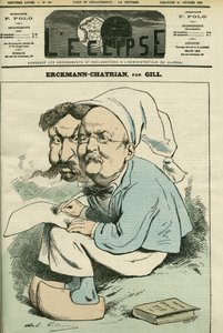 Porträt von Alexandre Chatrian (1826-1890) und Emile Erckmann (1822-1899), bekannt als Erckmann-Chatrian, Duo französischer Romanautoren. Titelblatt in "L