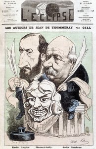 Porträt von Émile Augier und Jules Sandeau, Autoren des Stücks „Jean de Pommeray“, halten eine Maske, die das Gesicht des Komikers Mounet-Sully darstellt