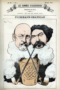 Porträt von Emile Erckmann (1822-1899) und Alexandre Chatrian (1826-1890), französische Romanautoren. Karikatur von Gill, in „Les Homme d