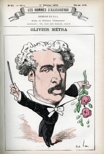 Porträt von Olivier Metra (1830-1889), französischer Schauspieler und populärer Komponist. Karikatur von Gill, in "Les Homme d