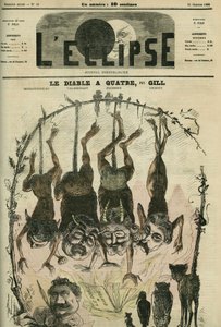 Der Teufel hat vier, politisches Pamphlet, neu gestaltet von Mephistopheles (Mephisto) alias Wolff, Villemessant, Duchesne, Lockroy und seinem Karikaturisten Benassit. Titelbild in 