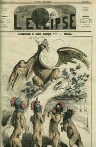 Der Adler und die Hähne, nach der Fabel hält der napoleonische Adler Frankreich im Schnabel bereit, es an Füchse mit Hahnenköpfen zu übergeben. Titelbild in „L