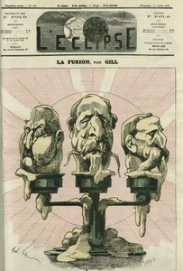 Die Fusion, eine Illustration der Verfassung der Versammlung, mit Royalisten, Bonapartisten und Republikanern. Titelblatt in „L