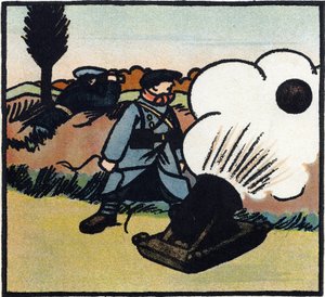 Erster Weltkrieg 1914-1918: Bombenwerfer. Ein französischer Soldat schießt Bomben auf den Feind mit einer Kanone. Gravur in 
