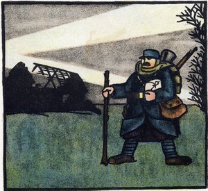 Erster Weltkrieg 1914-1918: Haarig. Porträt eines französischen Soldaten in Militäruniform mit Rucksack, Tasche und Gewehr. Gravur in „Alphabet des Großen Krieges 1914-1916 (für die Kinder unserer Soldaten)“. Editions Berger-Levrault von Andre Helle