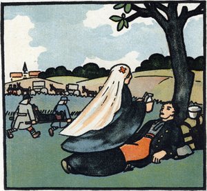 Erster Weltkrieg 1914-1918: Rote Kreuz Krankenschwester kommt, um sich um Soldaten bis zu den Schlachtfeldern zu kümmern. Gravur in 