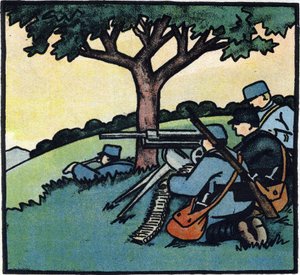 Erster Weltkrieg 1914-1918: Soldaten der französischen Armee benutzen Maschinengewehre auf den Schlachtfeldern. Gravur in „Alphabet des Großen Krieges 1914-1916 (für die Kinder unserer Soldaten)“. Editions Berger-Levrault von Andre Helle