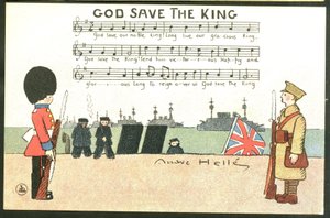 Postkarte, satirisch in Farben: God save de king - Krieg von 14 -18, England Großbritannien, Singende Soldaten Illustration von Andre Helle (1875-1945) von Andre Helle