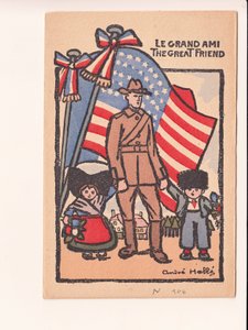 Postkarte, Satirisch in Farben: Le grand ami der große Freund - Krieg von 14-18, Amerika, Elsass-Lothringen Illustration von Andre Helle (1875-1945) von Andre Helle