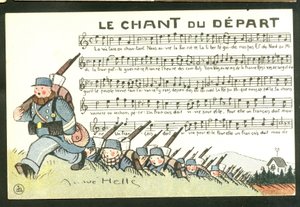 Postkarte, Satirisch in Farben: Das Lied des Abschieds - Krieg von 14-18, Illustration von Andre Helle (1875-1945) von Andre Helle