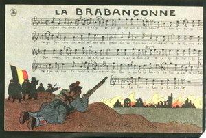 Postkarte, Satirisch in Farben, circa 1915: La brabanconne - Krieg von 14 -18, Belgien, Gesang - Soldaten Illustration von Andre Helle von Andre Helle