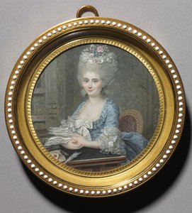 Porträt einer Frau in einem blauen Kleid von Andre Pujos