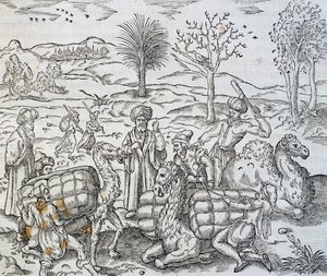 Arabische Händler in Syrien, Gravur aus der Universal Cosmology, von Andre Thevet