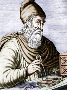 Archimedes (287-212 v. Chr.), griechisch-sizilianischer Physiker und Mathematiker, koloriertes Dokument