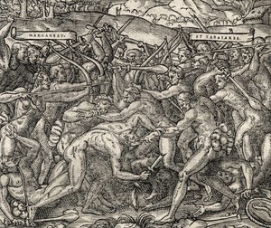 Schlacht zwischen den Margageaz- und Tabajares-Stämmen, Gravur aus Universal Cosmology, von Andre Thevet von Andre Thevet