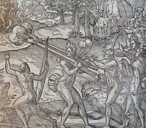 Schlacht zwischen Eingeborenen in Kanada, Stich aus Cosmographie Universelle, von Andre Thevet, Paris 1575
