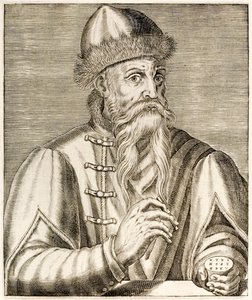 Johannes Gutenberg: Deutscher Erfinder, dessen Erfindung der beweglichen Lettern die Druckrevolution einleitete, aus „Wahre Porträts“ von André Thévet, veröffentlicht 1584