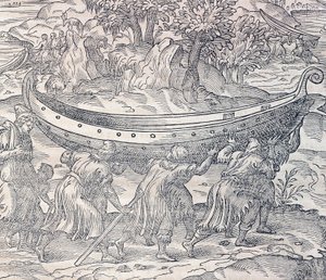 Lappen tragen ihre Boote von einem Ort zum anderen, Stich aus Universal Cosmology, von Andre Thevet, Paris