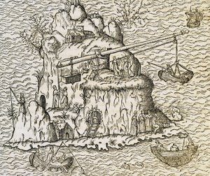 Transporttechnik für Boote auf der Insel Kreta, Gravur aus La Cosmographie Universelle, von Andre Thevet