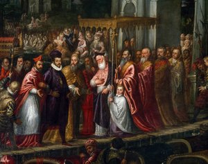 Doge Mocenigo und Patriarch Trevisan begrüßen Heinrich III. im Jahr 1574 am Lido von Andrea Vicentino