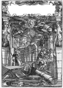 Tafel aus dem Buch „De architectura“, behandelt die Architektur von Marcus Vitrubius Pollio genannt Vitruv (1. Jahrhundert v. Chr.), römischer Architekt. Italienische Ausgabe von 1556. Gravur nach einer Zeichnung von Palladio.