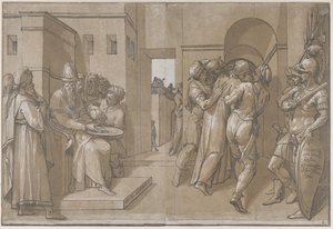 Christus wird weggeführt, Soldaten stehen auf der rechten Seite des Blattes, 1585 von Andrea Andreani