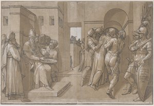 Pilatus links wäscht sich die Hände, linke Seite des Blattes, 1585 von Andrea Andreani