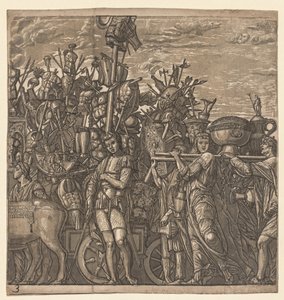 Der Triumph von Julius Caesar: Soldaten marschieren mit Kriegstrophäen von Andrea Andreani