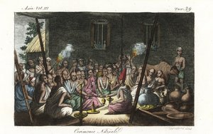Hindu-Brahmanen-Hochzeitszeremonie im Haus der Frau. Handkolorierte Kupferplatte, gezeichnet und graviert von Andrea Bernieri nach Francois Solvyns aus Giulio Ferrarios 