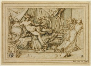 Olympias, Mutter von Alexander, besucht von Zeus in Gestalt einer Schlange