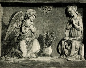 Verkündigung, von Andrea Della Robbia (1435-1525 oder 1528), Oratorium der Madonna del Buon Consiglio, Prato, Toskana, Italien, Holzschnitt aus Le cento città d