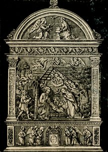 Geburt Christi, Terrakotta-Altarbild von Andrea della Robbia, aus der Kirche der Heiligen Klara, Städtisches Museum von Sansepolcro, Toskana, Italien, Holzschnitt aus Le cento città d