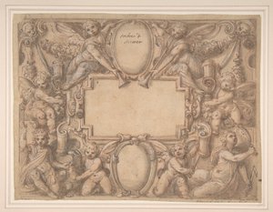 Eine Kartusche und zwei Schilde umgeben von allegorischen Figuren, 1570-1631 von Andrea Lilli