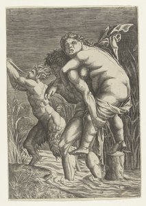 Mann trägt Frau auf seinem Rücken und ein Satyr