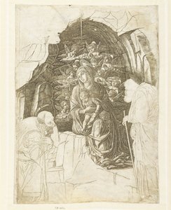 Maria mit Kind umgeben von Engeln in einer Grotte mit Josef und König in Anbetung von Andrea Mantegna (school of)