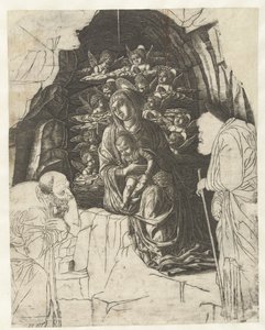 Maria mit Kind umgeben von Engeln in einer Grotte mit Josef und König in Anbetung von Andrea Mantegna (school of)