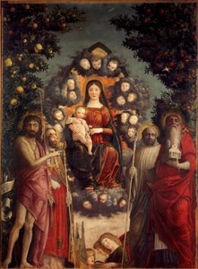 Trivulzio-Altarbild „Die Heilige Konversation“ Die Jungfrau und Jesus Christus in einer Mandorla, umgeben von Heiligen von Andrea Mantegna
