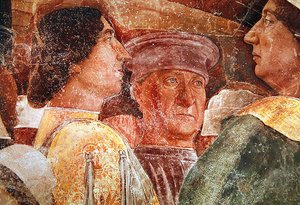 Ankunft von Kardinal Francesco Gonzaga, Detail von Mantegna und Höflingen auf der rechten Seite (Detail) von Andrea Mantegna