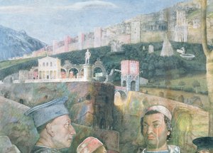 Ankunft von Kardinal Francesco Gonzaga; Detail des Hintergrunds mit idealisierter Ansicht von Rom, aus der Camera degli Sposi oder Camera Picta (Detail) von Andrea Mantegna