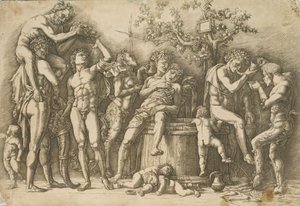 Bacchanal mit einem Weinfass, ca. 1470-90 (Gravur und Kaltnadelradierung) von Andrea Mantegna