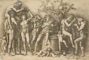 Bacchanal mit einem Weinfass, ca. 1470-90 von Andrea Mantegna