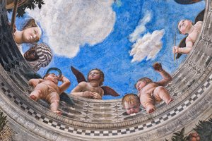 Balustrade mit einer Hofdame, ihrem schwarzen Diener und einigen Putti, um 1465-74